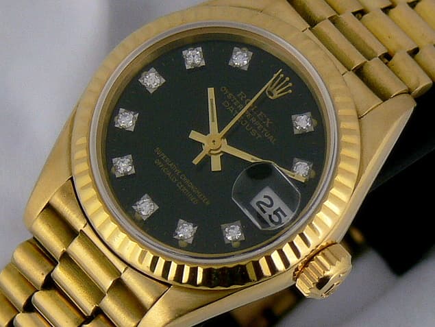 Rolex Oyster Perpetual YG/YG Black Dial Diamonds Ladies
