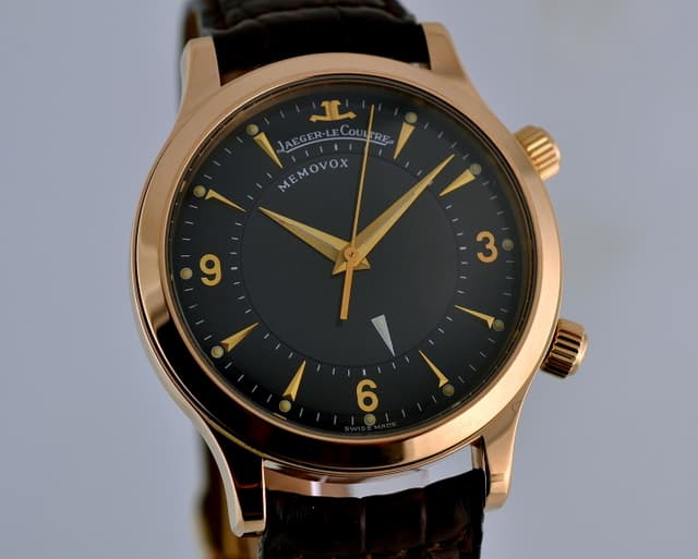 Jaeger LeCoultre Memovox 18K RG Manual Wind Black Dial Display Back RARE 
