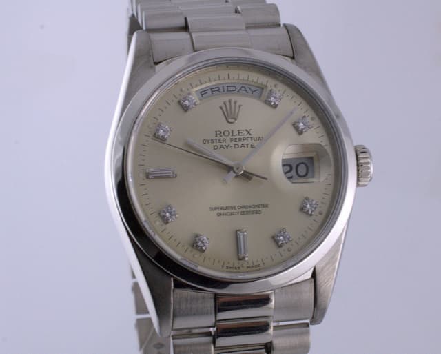 Rolex President Platinum
Silver Dial Diamond Markers E Series (1990)