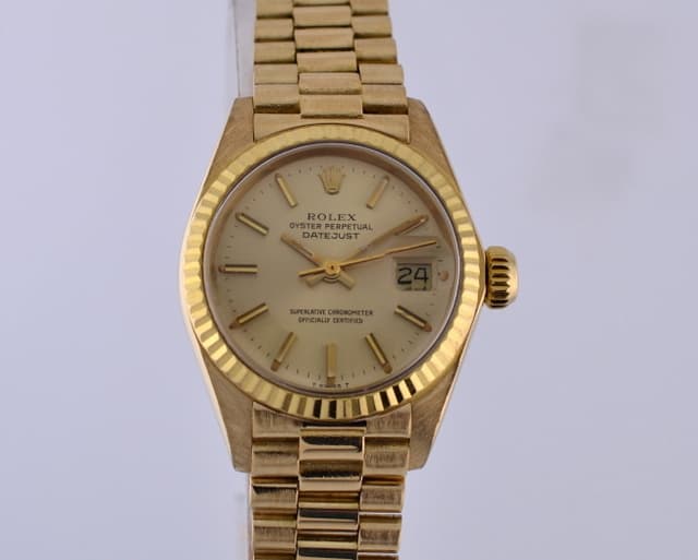 Rolex Ladies Oyster Perpetual Date President 18K YG/YG Champagne Stick 26MM