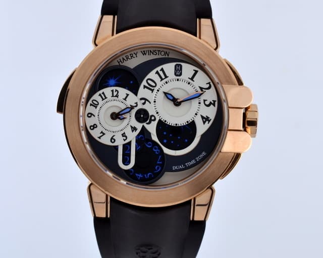 Harry Winston Ocean Dual Time GMT 18K Rose Gold / Rubber Automatic 44MM