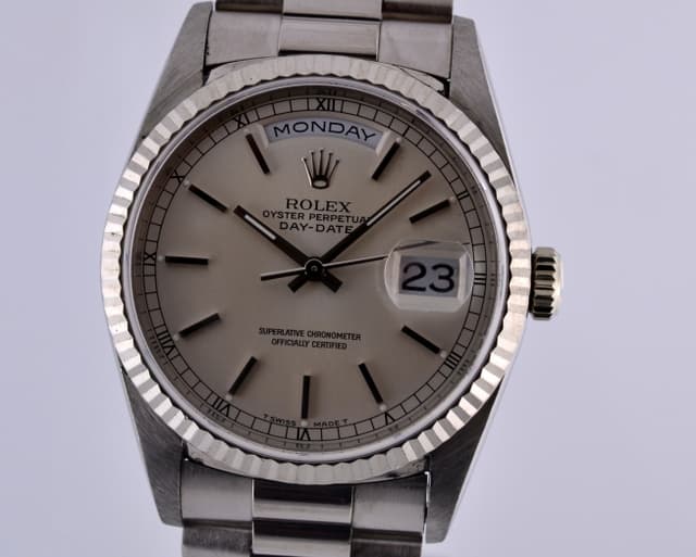Rolex Day-Date 18K White Gold President Silver Stick Dial T Series (1996)