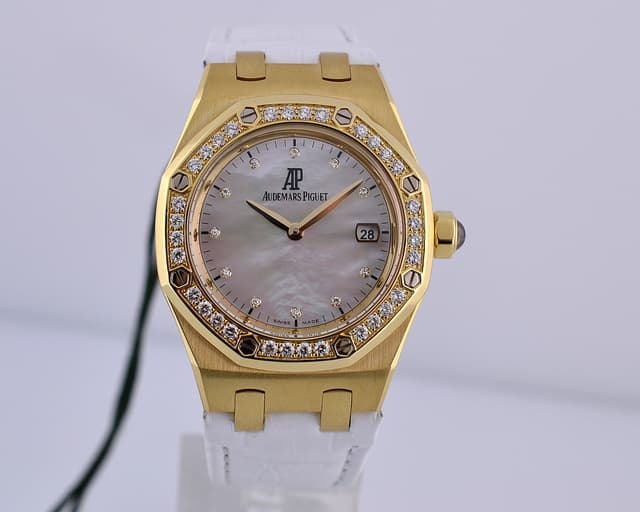 Audemars Piguet Ladies Royal Oak 18K Yellow Gold / Diamonds MOP White Strap 
