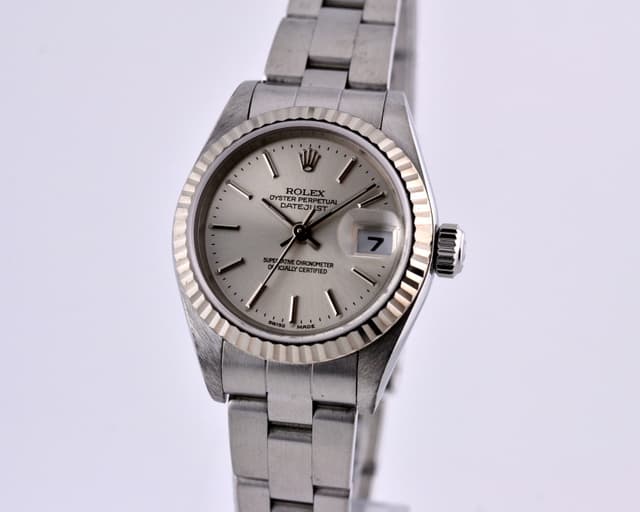 Rolex Ladies Datejust Silver Stick 18K WG Bezel