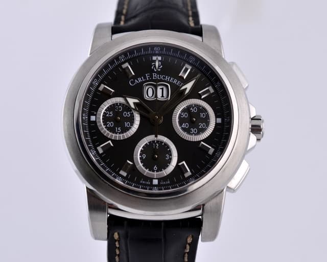 Bucherer Patravi Chronograph Big Date SS Black Dial 
