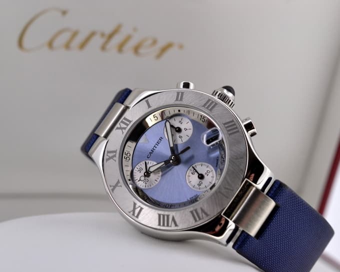 Cartier Lady Must 21 Chronoscaph Blue Dial / Blue Satin UNWORN