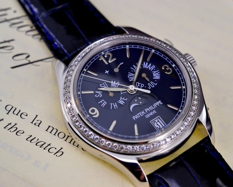 Patek Philippe Annual Calendar 18K White Gold Blue Dial / Diamond Bezel 
