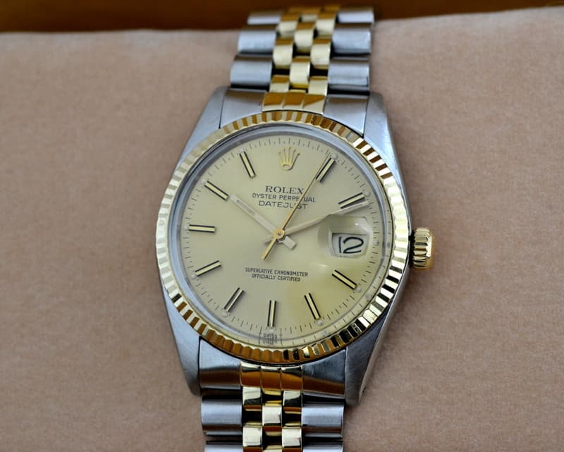 Rolex Datejust 18K / SS Champagne Stick Dial