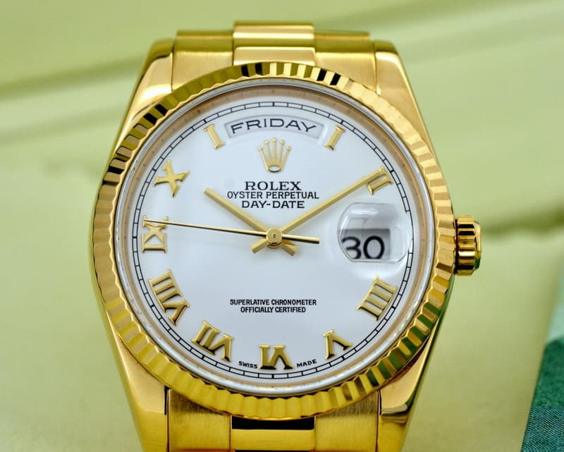 Rolex Day Date President White Roman Dial 18K Yellow Gold 