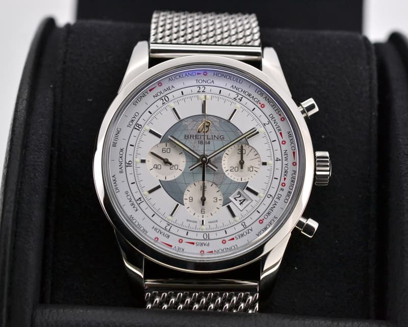 Breitling Transocean Chronograph Unitime Silver Dial SS / SS 