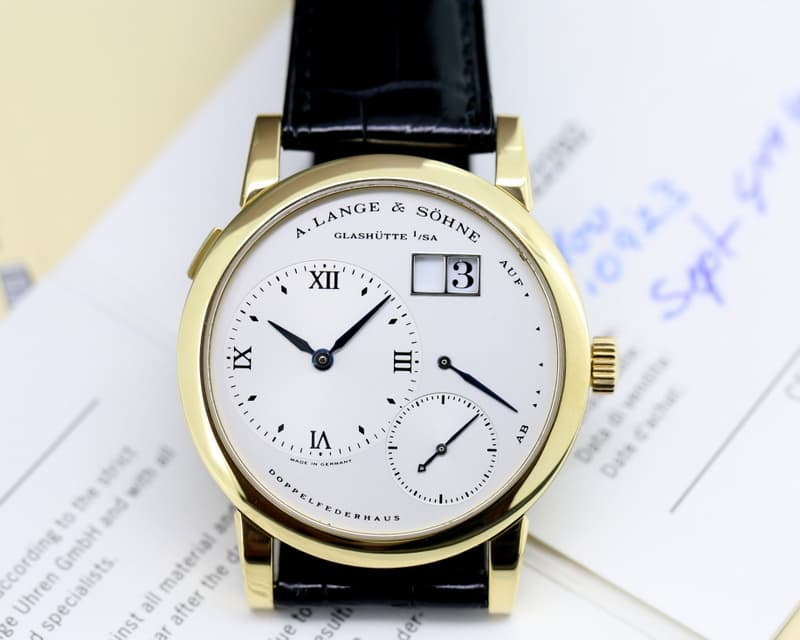 A. Lange and Sohne Lange 1 18K Yellow Gold Blue Hands Silver Dial 