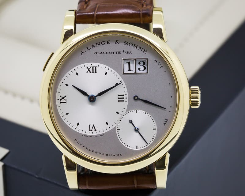 A. Lange and Sohne Lange 1 18K Yellow Gold Blue Hands Silver Dial 