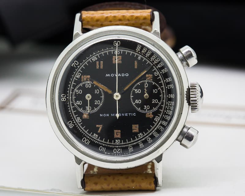 Movado Vintage M90 Black Luminous Gilt Chronograph Borgel Case SS 