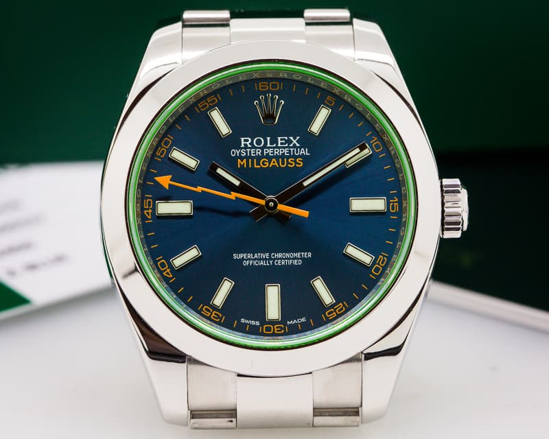 Rolex Milgauss Blue Dial Green Crystal 