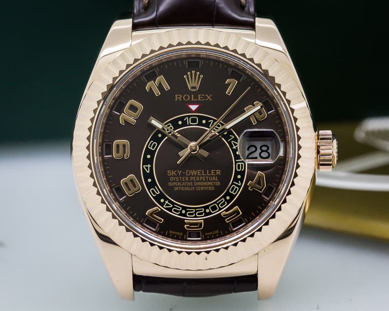 Rolex Sky Dweller Chocolate Dial 18k Rose Gold / Alligator  