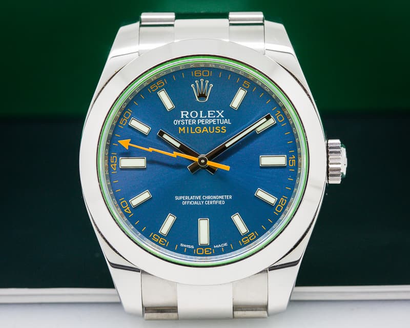 Rolex Milgauss Blue Dial Green Crystal 