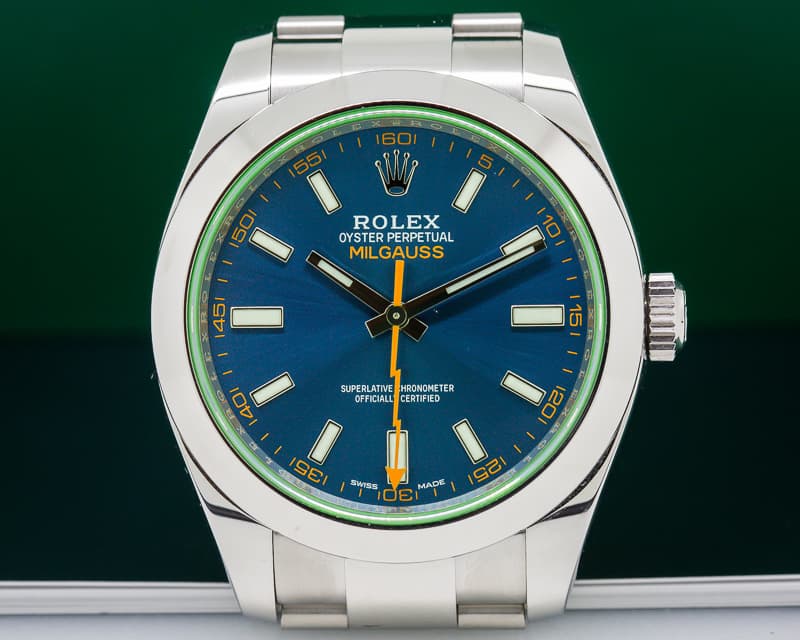 Rolex Milgauss Blue Dial Green Crystal 