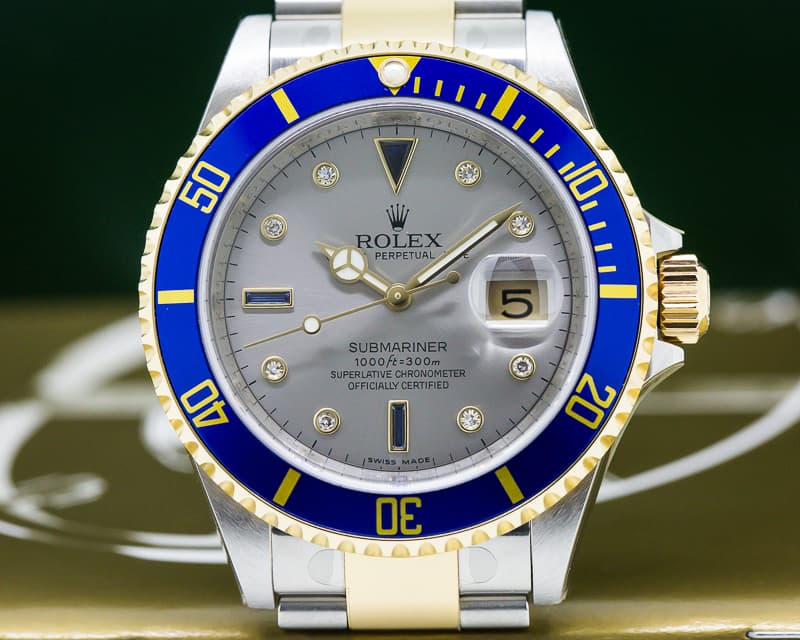 Rolex Submariner 16613 18K / SS Silver Serti Dial NEW OLD STOCK - STICKERS