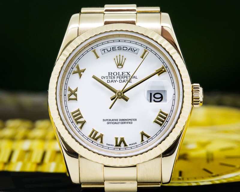 Rolex Day Date President White Roman Dial 18K Yellow Gold 