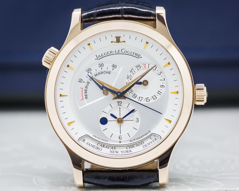 Jaeger LeCoultre Master Geographic 18K Rose Gold Half Hunter Case White Dial 
