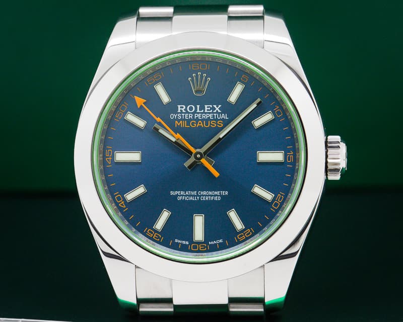 Rolex Milgauss Blue Dial Green Crystal 