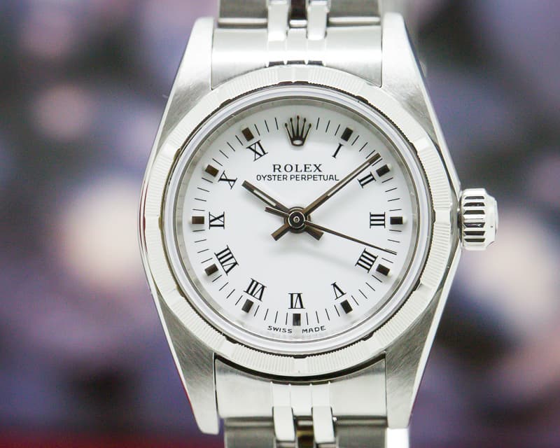 Rolex Oyster Perpetual Ladies White Roman Dial Engine Turned Bezel SS  