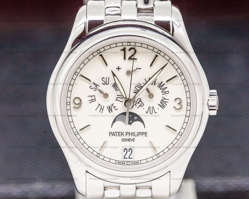 Patek Philippe Annual Calendar Moon 18k White Gold Porcelain Dial Bracelet 

