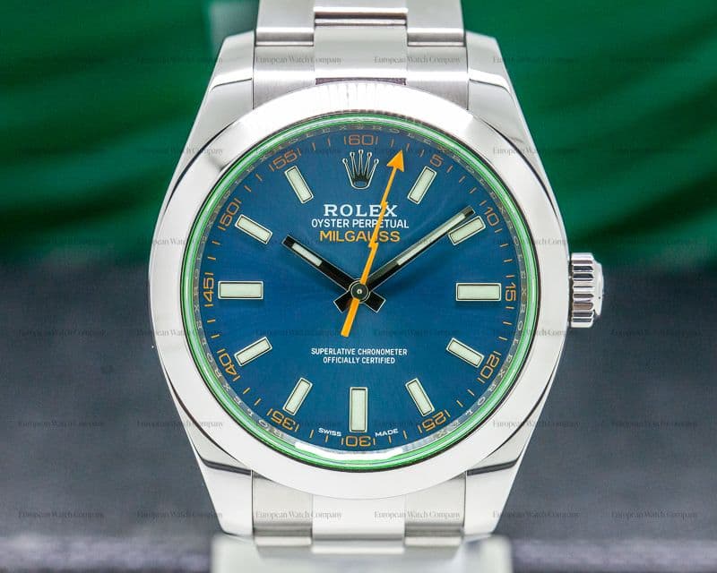Rolex Milgauss Blue Dial Green Crystal 