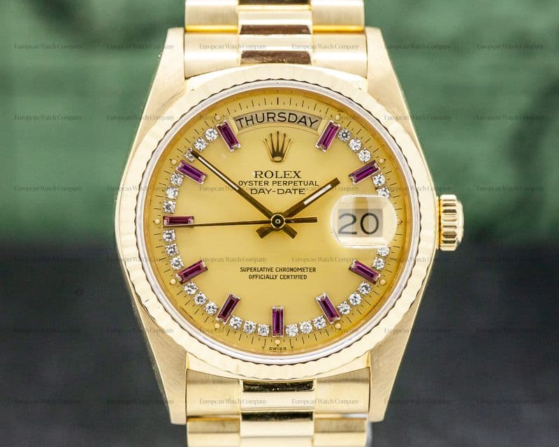 Rolex Day Date Diamond and Ruby String Dial Yellow Gold 
