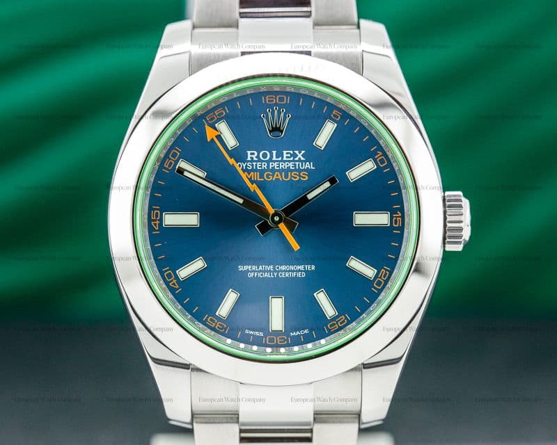Rolex Milgauss Blue Dial Green Crystal 