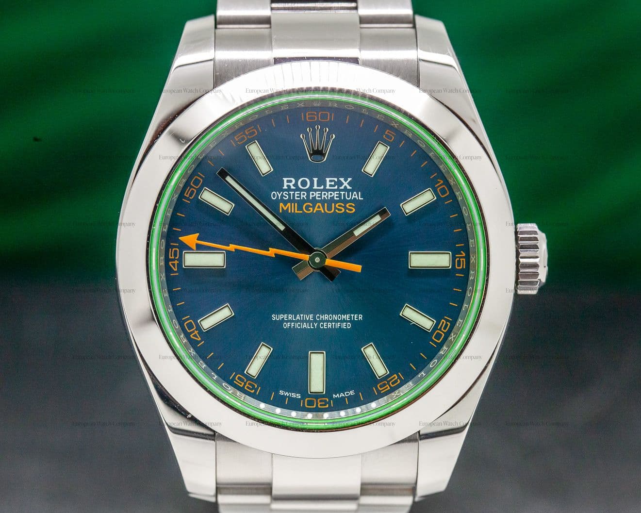 Rolex Milgauss Blue Dial Green Crystal 