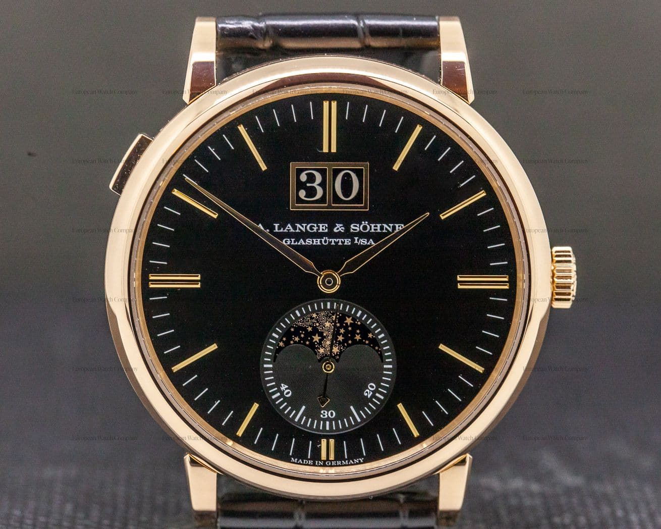 A. Lange and Sohne Saxonia Moon Phase Automatik 18K Rose Gold / Black Dial 