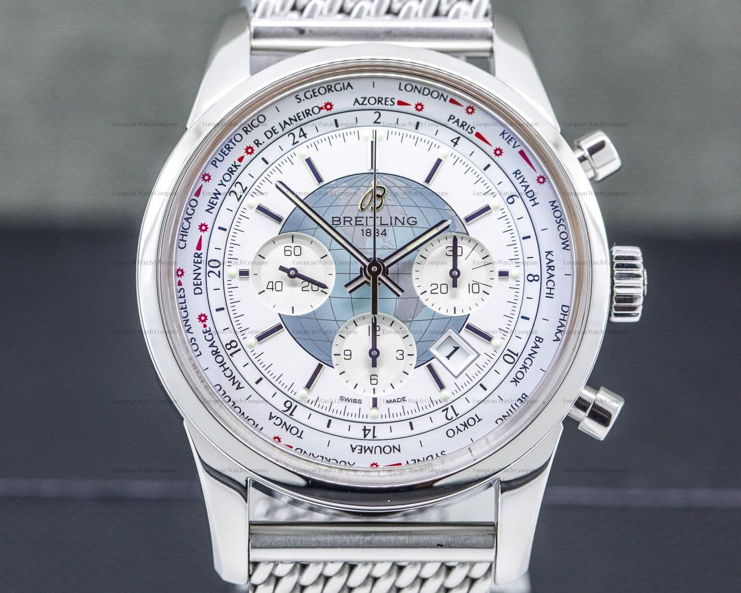 Breitling Transocean Chronograph Unitime Silver Dial SS / SS 