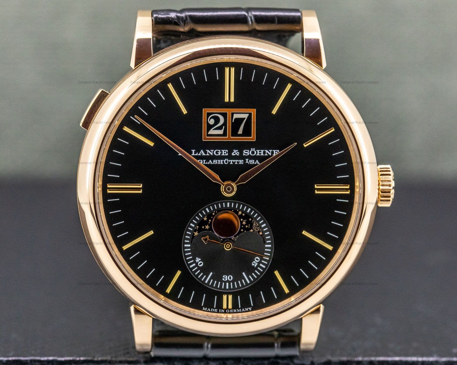 A. Lange and Sohne Saxonia Moon Phase Automatik 18K Rose Gold / Black Dial 