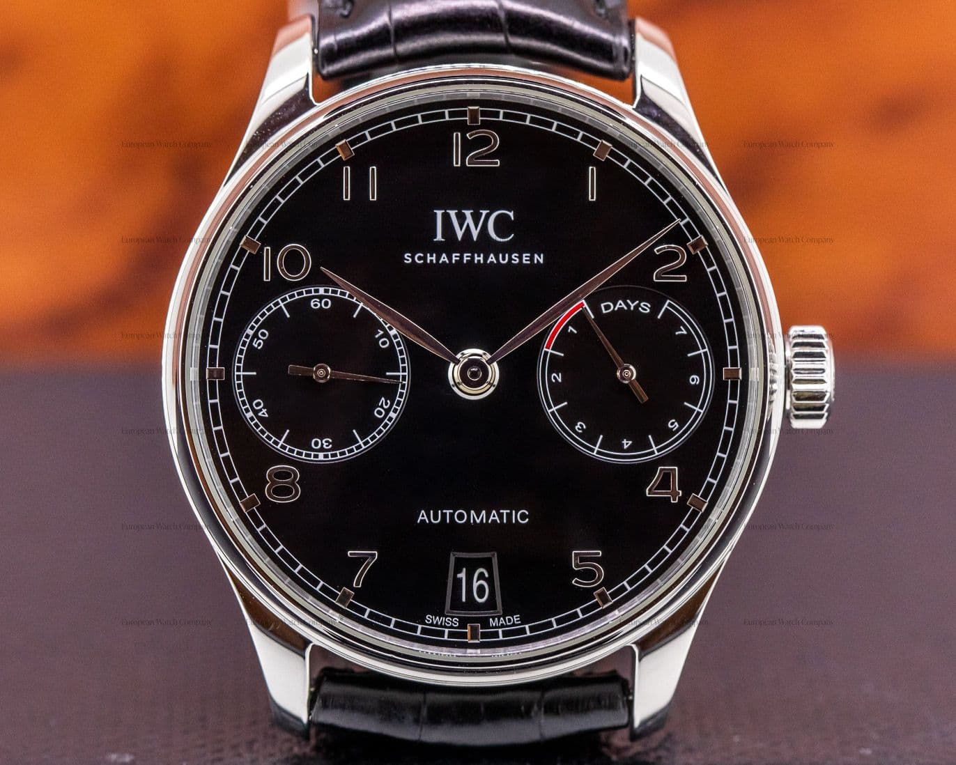 IWC Portuguese 7 Day Automatic SS Black Dial Silver Numerals 