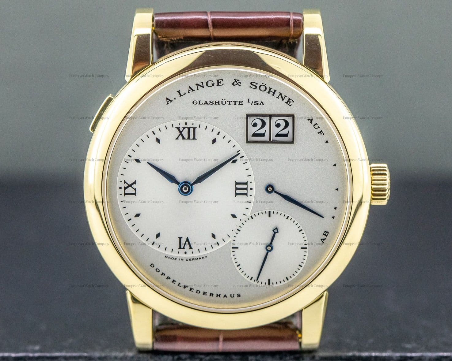 A. Lange and Sohne Lange 1 18K Yellow Gold Blue Hands Silver Dial 