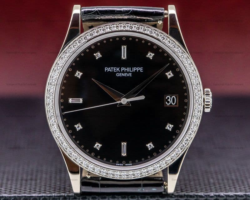 Patek Philippe Calatrava 18K White Gold Black Dial / Diamond Bezel 