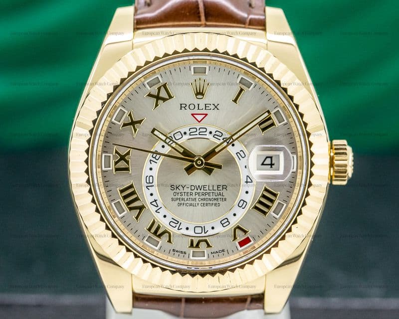 Rolex Sky Dweller Silver Dial 18k Yellow Gold / Alligator  