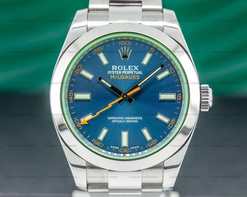 Rolex Milgauss SS Blue Dial Green Crystal
