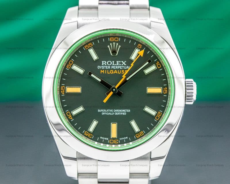 Rolex Milgauss 116400  SS Black Dial Green Crystal
