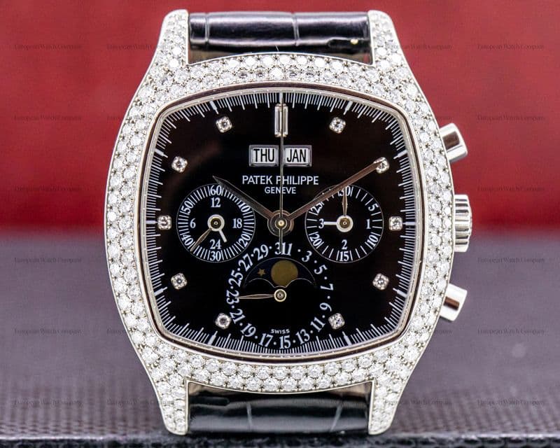 Patek Philippe Platinum Diamond Set 5021 Cushion Perpetual Calendar Black Dial RARE