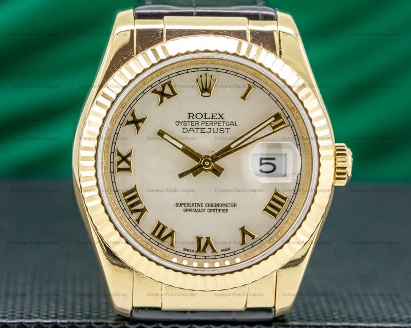 Rolex Datejust Yellow Gold / Alligator White Roman Dial