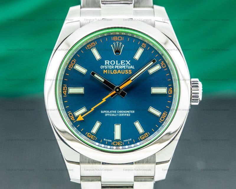 Rolex Milgauss SS Blue Dial Green Crystal
