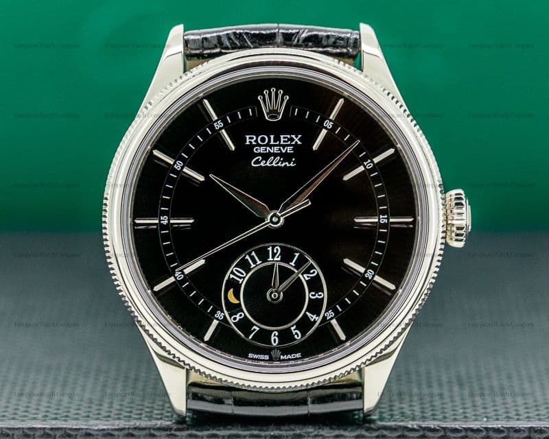 Rolex Cellini Dual Time Black Guilloche 18K White Gold UNWORN