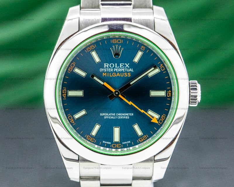 Rolex Milgauss 116400 SS Blue Dial Green Crystal
