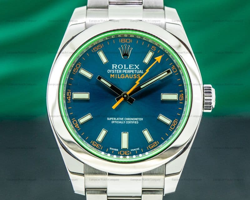 Rolex Milgauss 116400 SS Blue Dial Green Crystal
