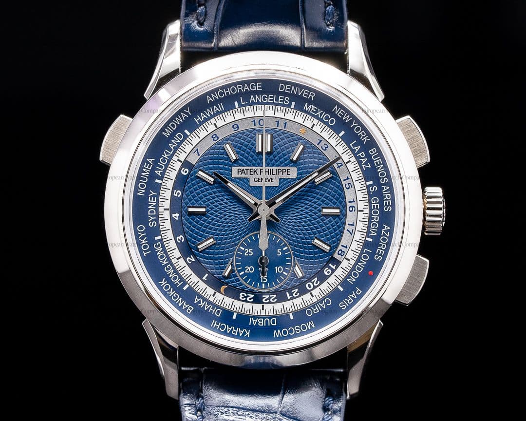 Patek Philippe World Time 5930G Chronograph 18k White Gold Blue Dial 