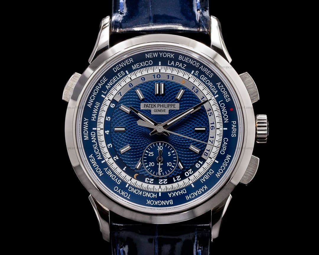 Patek Philippe World Time 5930G Chronograph 18k White Gold Blue Dial 