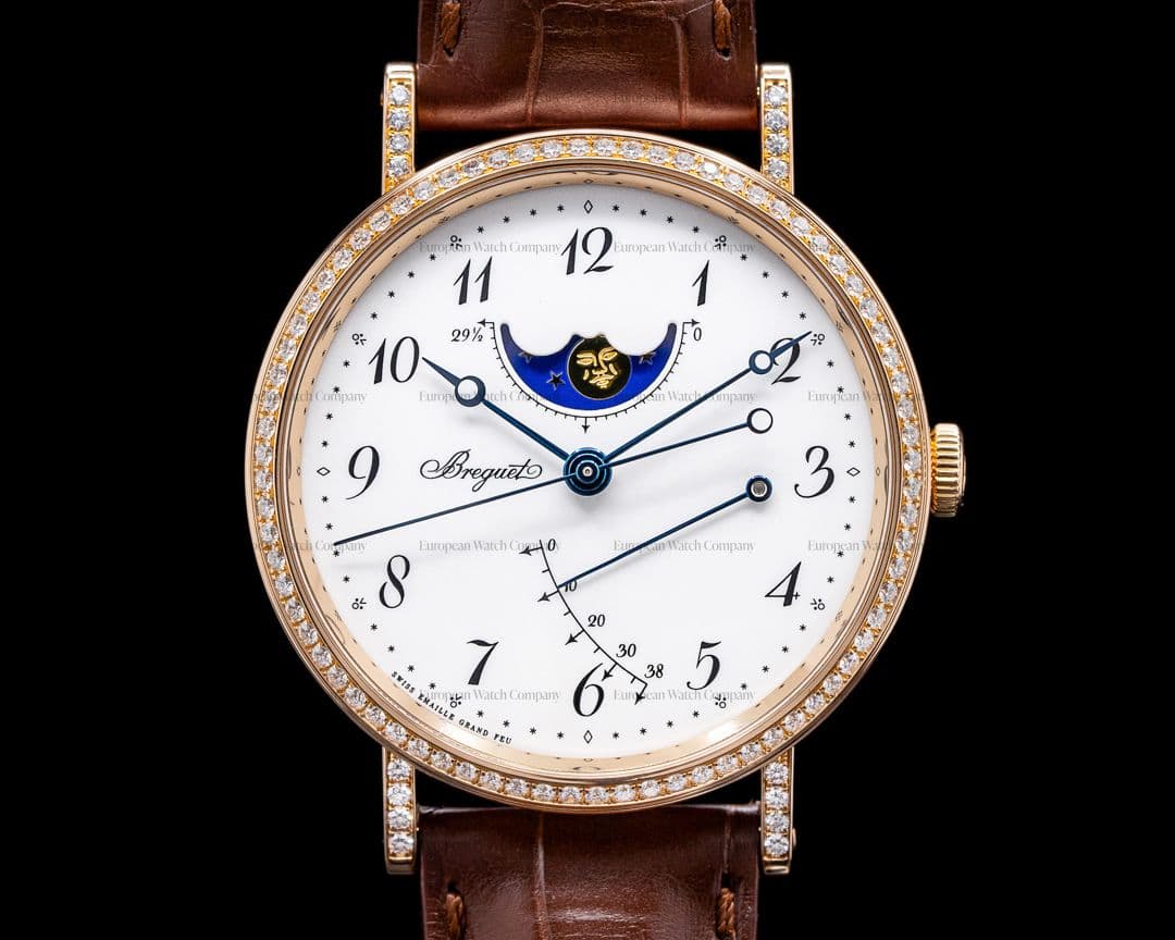 Breguet Classique Moonphase 18K Rose Gold Enamel Dial Diamonds