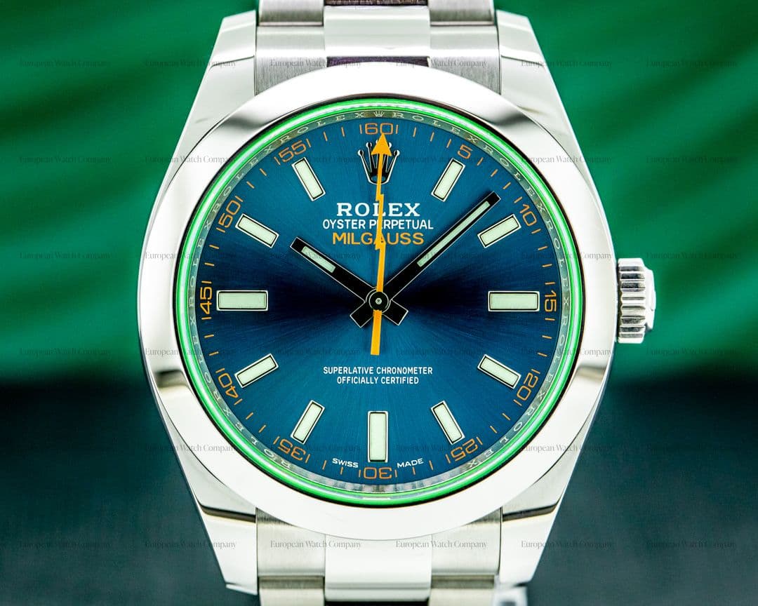Rolex Milgauss 116400 SS Blue Dial Green Crystal UNWORN
